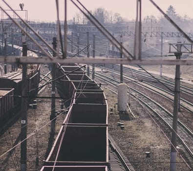 Freight trains on city cargo terminal. cargo transportation