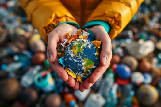 A person is holding a globe made of trash. The globe is made of plastic bottles, and the person is holding it in their hands. The image conveys a message about the importance of recycling