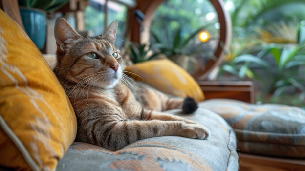 Cat inside a round modern family room. Generative AI.