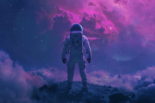 A man in a white spacesuit stands on a rocky surface in front of a purple sky. The image has a dreamy, otherworldly feel to it, with the man appearing to be an astronaut exploring a distant planet