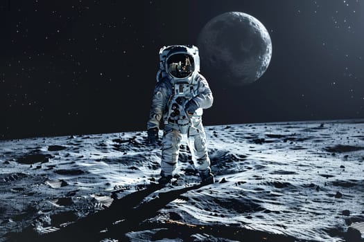 A man in a spacesuit stands on a moon-like surface. The image has a mood of exploration and adventure