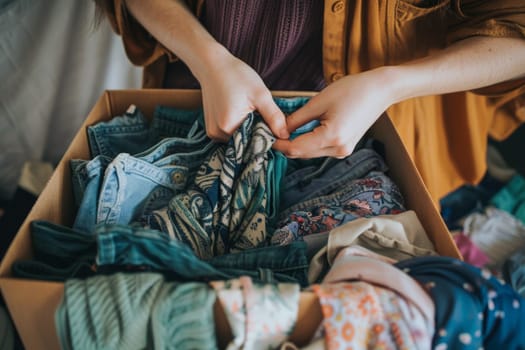 A woman is sorting through a box of clothes. The clothes are all different colors and styles, and the woman is pulling out items to examine them. Concept of organization and attention to detail