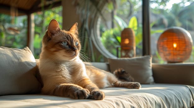 Cat inside a round modern family room. Generative AI.