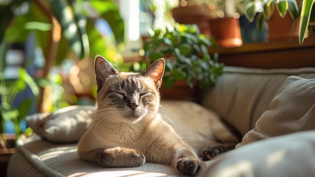 Cat inside a round modern family room. Generative AI.