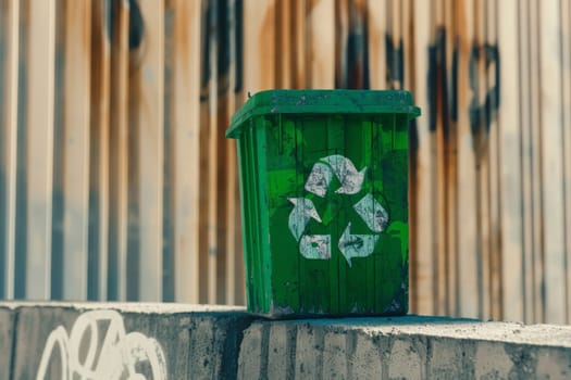 A green trash can with a white recycling symbol on it. The trash can is sitting on a cement wall
