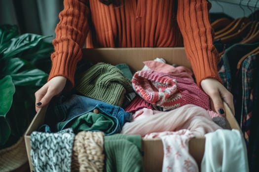 A woman is holding a box full of clothes. The clothes are of different colors and styles, and the box is overflowing with them. Concept of abundance and variety, as well as the idea of sorting through