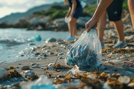 A person is holding a plastic bag on a beach, picking up trash. The beach is littered with trash, and the person is trying to clean it up