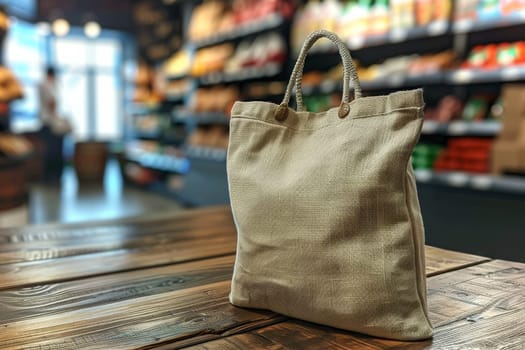 Mockup cloth bag on wooden table at supermarket. Generative AI.