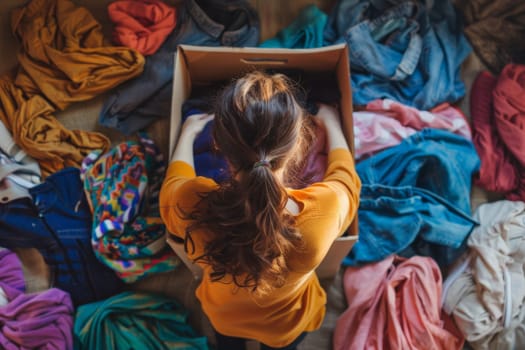 A woman is standing in front of a box full of clothes. She is wearing a yellow shirt and has her hair in a ponytail. The clothes in the box are all different colors and styles