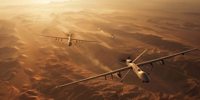 Unmanned military drone patrols the territory at sunset, view is straight ahead. High quality photo