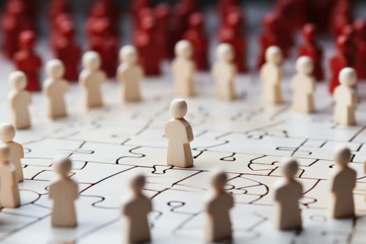 Wooden figurine of a man surrounded by others. Concept of community, communication, unity.