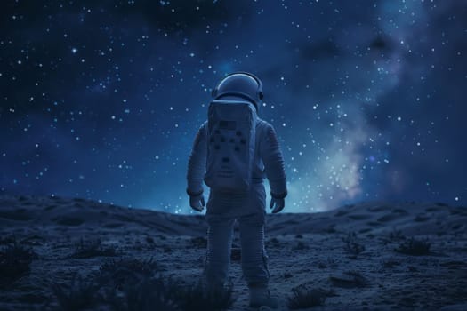 A man in a spacesuit stands in a field of stars. Concept of wonder and exploration, as the astronaut is ready to embark on a journey into the unknown. The vastness of the starry sky
