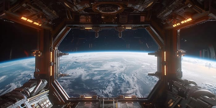Dark blue spaceship futuristic interior with window view on planet Earth 3d rendering elements of this image furnished by NASA.