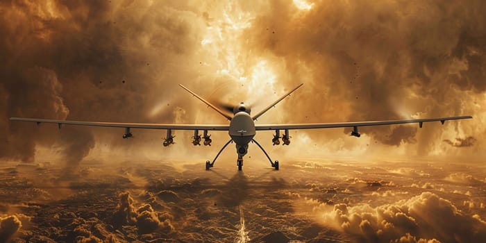 A 3d rendering of a military UAV flying over a desert.