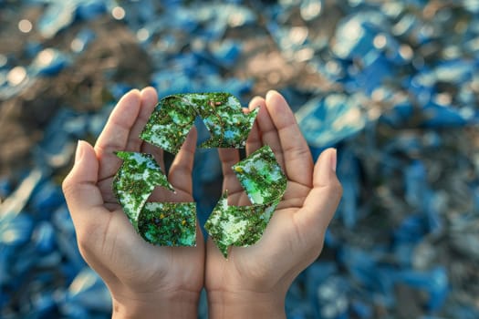 A hand holding a green recycling symbol. The image conveys the importance of recycling and taking care of the environment