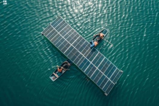 A group of people are rowing a boat with solar panels on it. The boat is in the water and the people are wearing orange