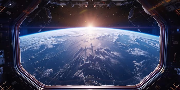 Dark blue spaceship futuristic interior with window view on planet Earth 3d rendering elements of this image furnished by NASA.