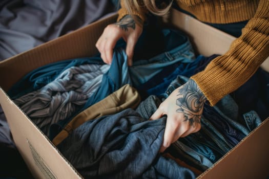 A woman is holding a box of clothes and is about to open it. The box is filled with various types of clothing, including jeans and shirts