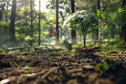 A butterfly is flying over a tree in a glass container. The scene is peaceful and serene, with the butterfly and tree representing the beauty of nature