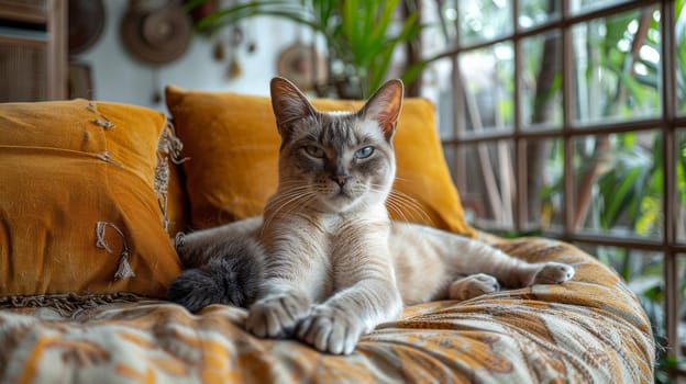 Cat inside a round modern family room. Generative AI.