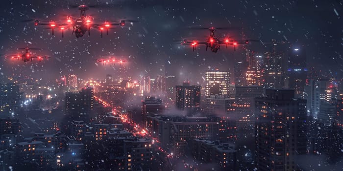 Drones battle over the city at night time. High quality photo