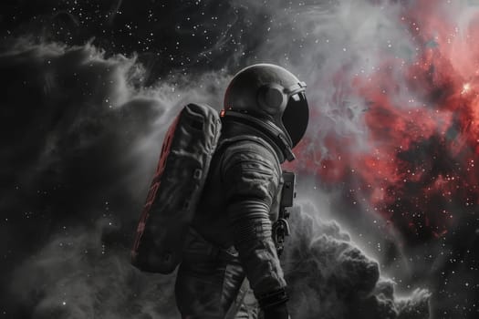 A man in a space suit is standing in front of a red cloud. The image has a moody and mysterious feel to it, as the man is alone in the vastness of space. The red cloud adds to the sense of isolation