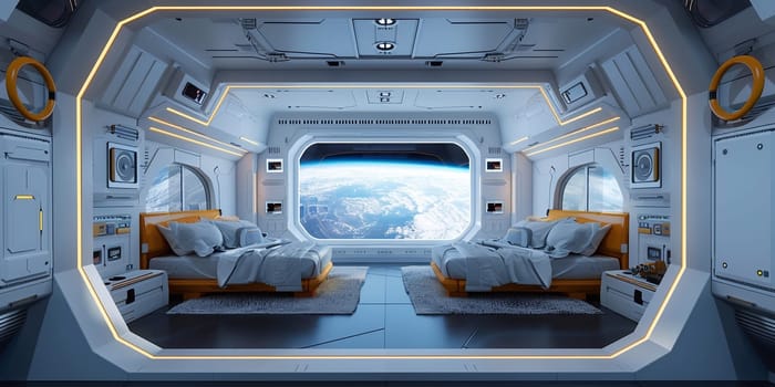 Dark blue spaceship futuristic interior with window view on planet Earth 3d rendering elements of this image furnished by NASA.