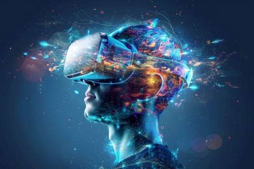 A man is wearing a virtual reality headset and looking at a colorful, abstract background. Concept of wonder and excitement, as if the viewer is about to embark on a thrilling adventure