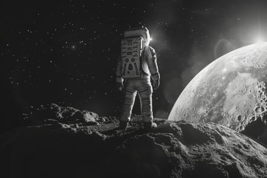 A man in a spacesuit stands on a rocky surface looking up at a large planet. The image has a sense of wonder and exploration, as the man is in a space suit and he is an astronaut