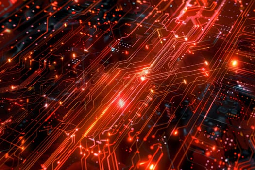 A close up of a circuit board with red and orange lines. Concept of complexity and intricacy, as the lines and dots are densely packed together. The red and orange colors also add a sense of energy
