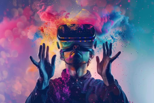 A man wearing a virtual reality headset is surrounded by colorful smoke. Concept of excitement and adventure, as the man is immersed in a virtual world