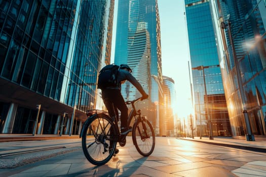 A man rides a bicycle down a city street. The sun is setting, casting a warm glow on the buildings and the man. The scene is peaceful and serene, with the man enjoying the ride