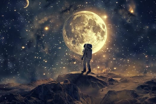 A man in a spacesuit stands on a rocky surface looking up at a large moon. The scene is set in outer space, with the man being the only human visible. Scene is one of wonder and awe