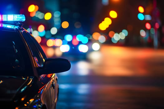 police car lights at night in city street with selective focus and bokeh. Neural network generated image. Not based on any actual person or scene.