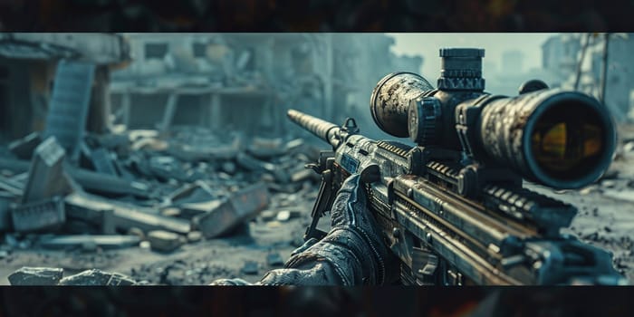 Post-apocalyptic world, a soldier wearing unique anti-nuclear armor stands with a conceptual rifle amidst the ruins of a city destroyed by nuclear war. High quality photo