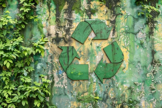 A green recycling symbol is on a wall with green vines growing on it. The wall is covered in green paint and has a graffiti-like appearance. The recycling symbol is surrounded by a green circle