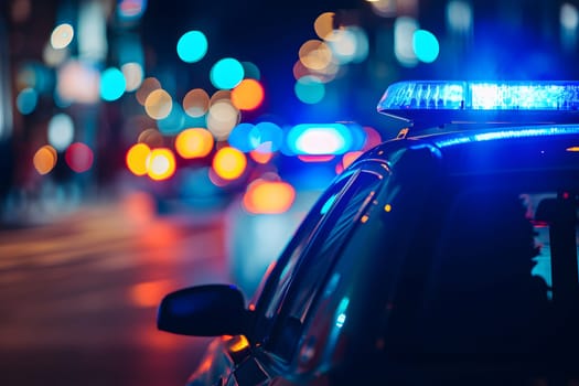 police car lights at night in city street with selective focus and bokeh. Neural network generated image. Not based on any actual person or scene.