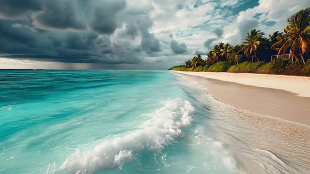 tropical beach view at cloudy stormy day with white sand, turquoise water and palm trees. Neural network generated image. Not based on any actual scene or pattern.