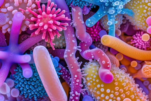 Diverse colorful abstract microbiome, containing many different types of microorganisms. Neural network generated in January 2024. Not based on any actual scene or pattern.