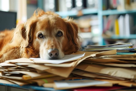 dog in an office, overwhelmed by a mountains of paperwork. Neural network generated in January 2024. Not based on any actual scene or pattern.