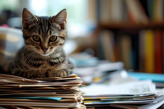 kitten in an office, overwhelmed by a mountains of paperwork. Neural network generated in January 2024. Not based on any actual scene or pattern.