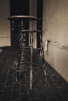 vintage wooden furniture. table and chair in the city