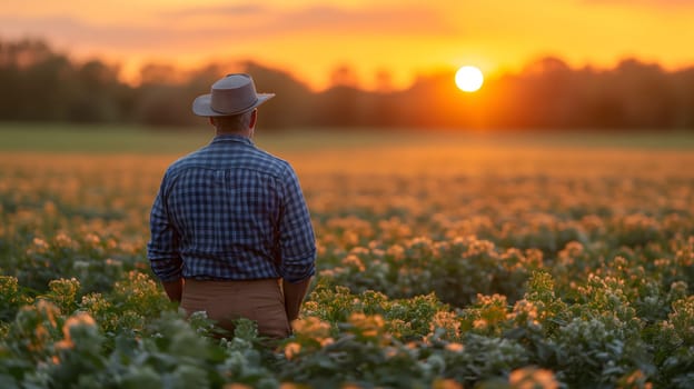 Farmer standing at the field at sunset or sunrise, rear view. Neural network generated in January 2024. Not based on any actual scene or pattern.