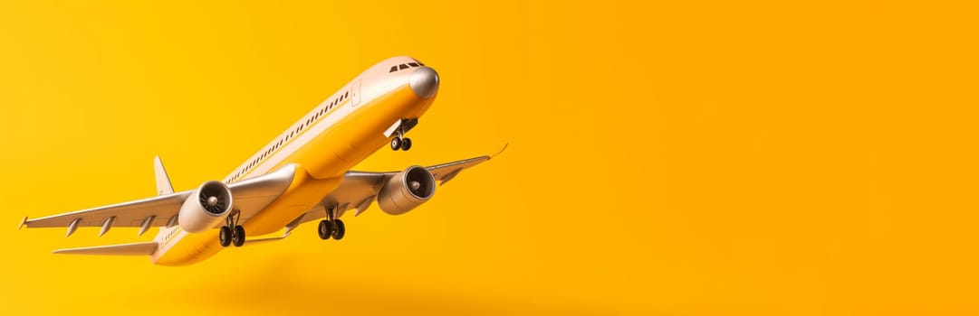 Airplane yellow banner. Travel vacation. Generate Ai