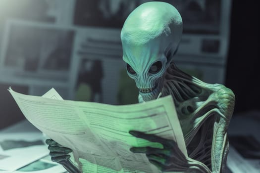 Alien read newspaper. Monster ufo. Generate Ai