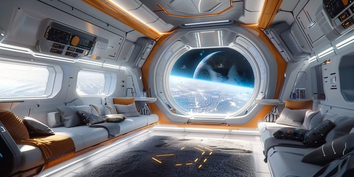 Dark blue spaceship futuristic interior with window view on planet Earth 3d rendering elements of this image furnished by NASA.