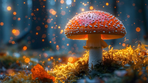 Magical mushroom in fantasy enchanted fairy tale forest. Neural network generated in January 2024. Not based on any actual scene or pattern.