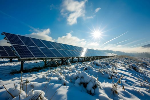 Photovoltaic solar panels in the field at sunny winter day. Neural network generated in January 2024. Not based on any actual scene or pattern.