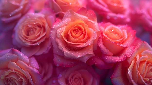 A lush bouquet of pink roses with dew drops. Neural network generated image. Not based on any actual person or scene.