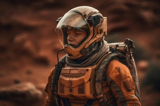 Astronaut spacesuit mars. Planet explorer. Fictional person. Generate Ai